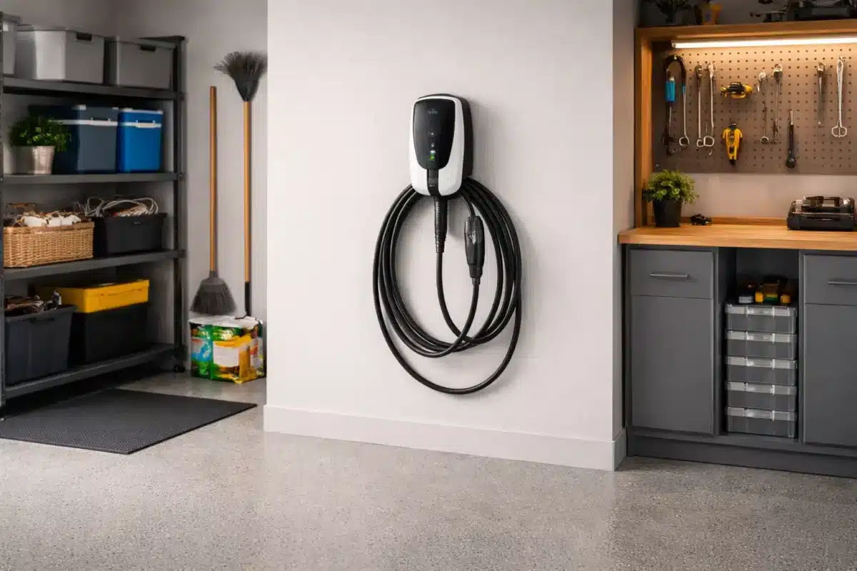 Wall mounted EV charger installed beside a garage door
